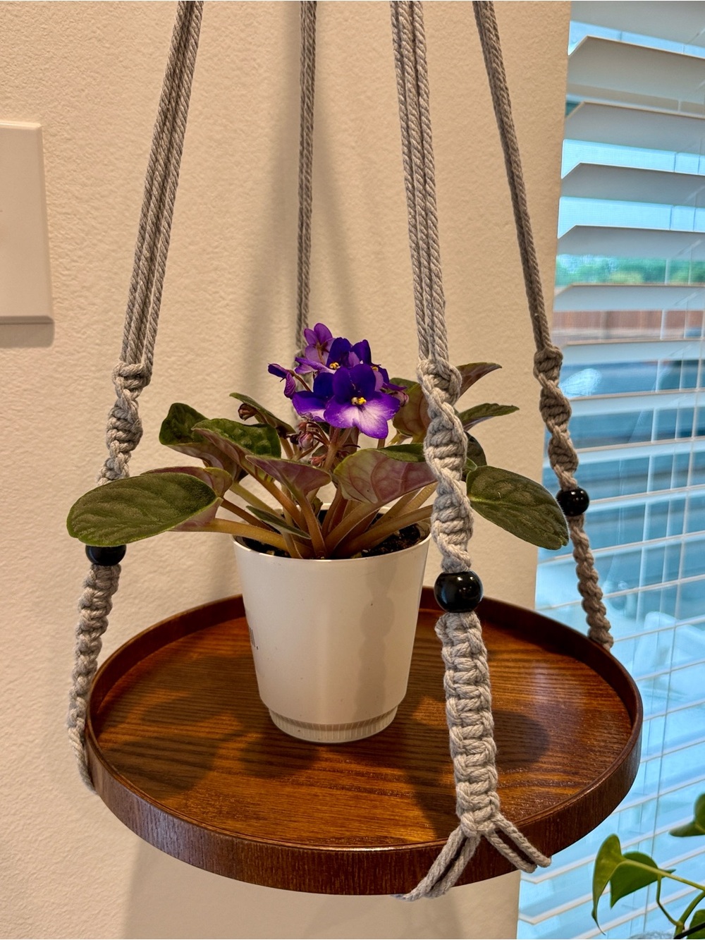 Macrame Plant Hanger with 12” Wood Shelf Indoor Light Gray New Home Decor